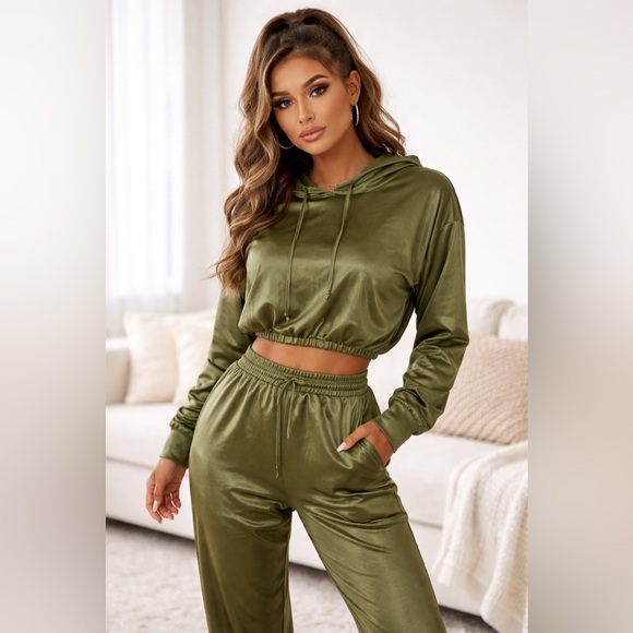 Olive Green Satin Jogger Set – Women - Picture 3 of 7